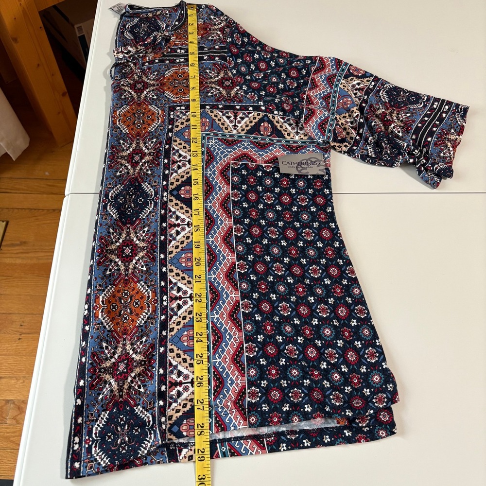 Catherines Geometric 3/4 Sleeve Tunic Top Size 2XWP Blue Stretch Slinky Boho - Picture 7 of 9